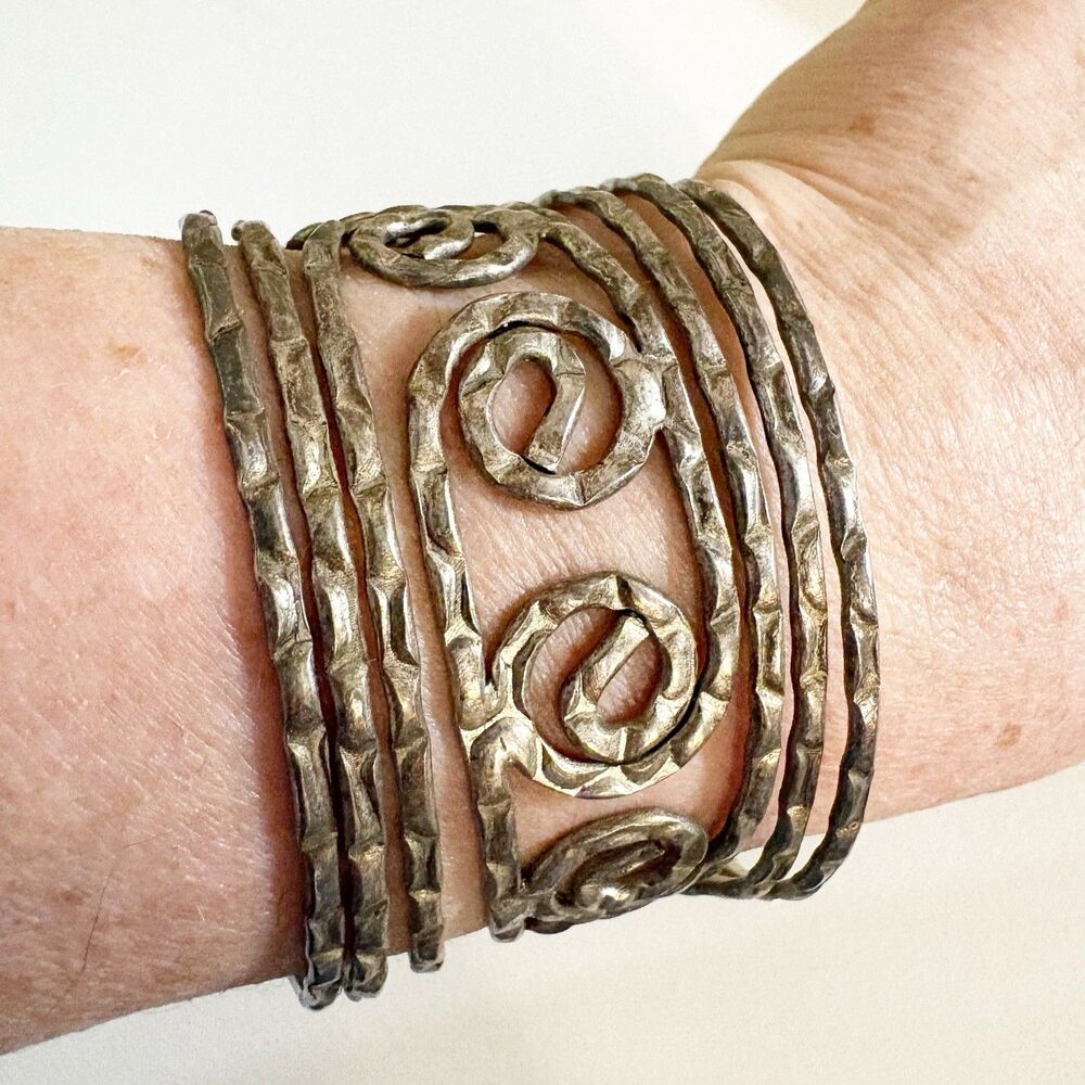 CUFF BRACELET Silver Tone Hammered Open Metal Scroll Style Statement Fashion